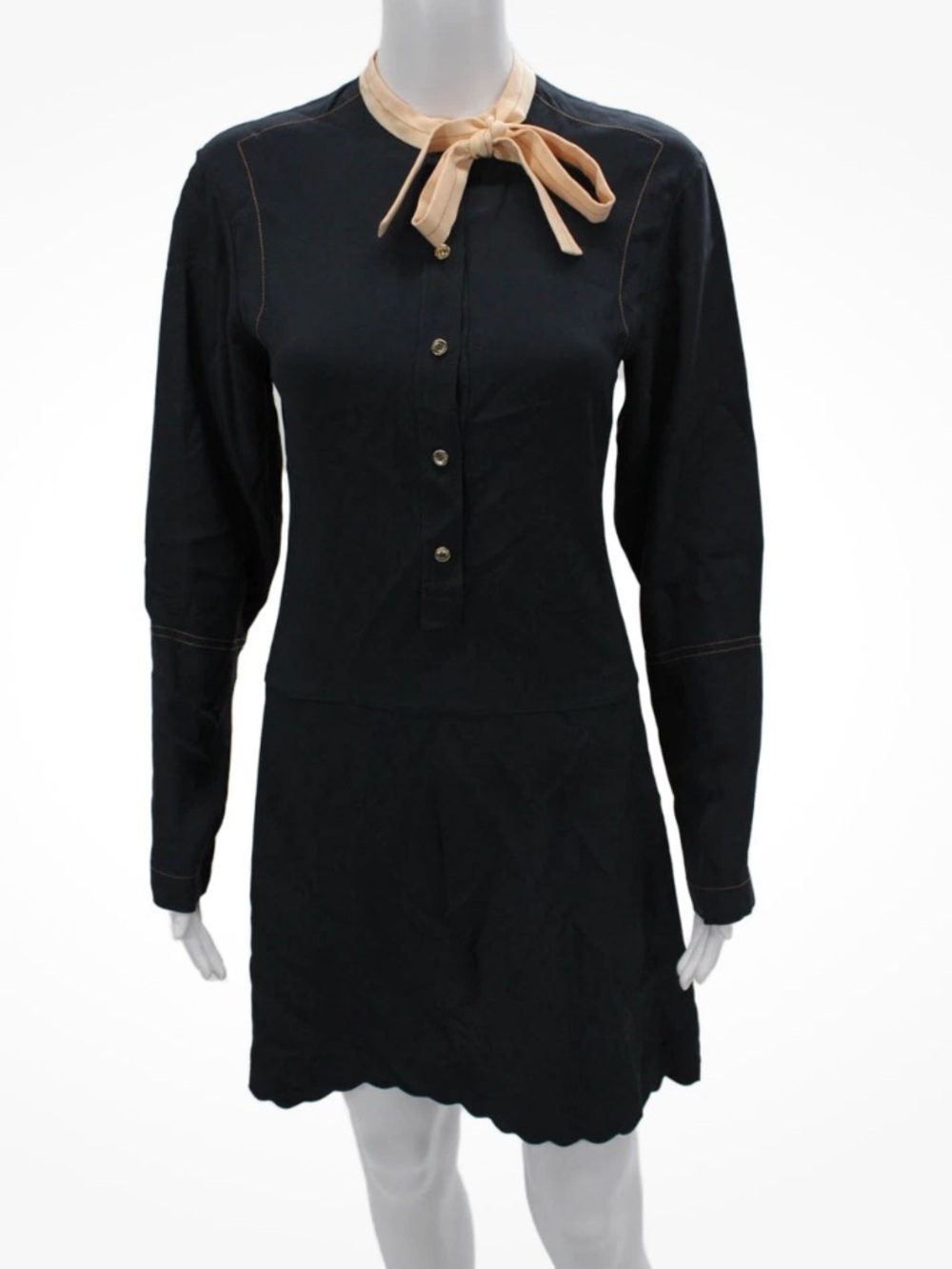 Chloé Blue Dress with Beige/Pink Trim Tie Neck